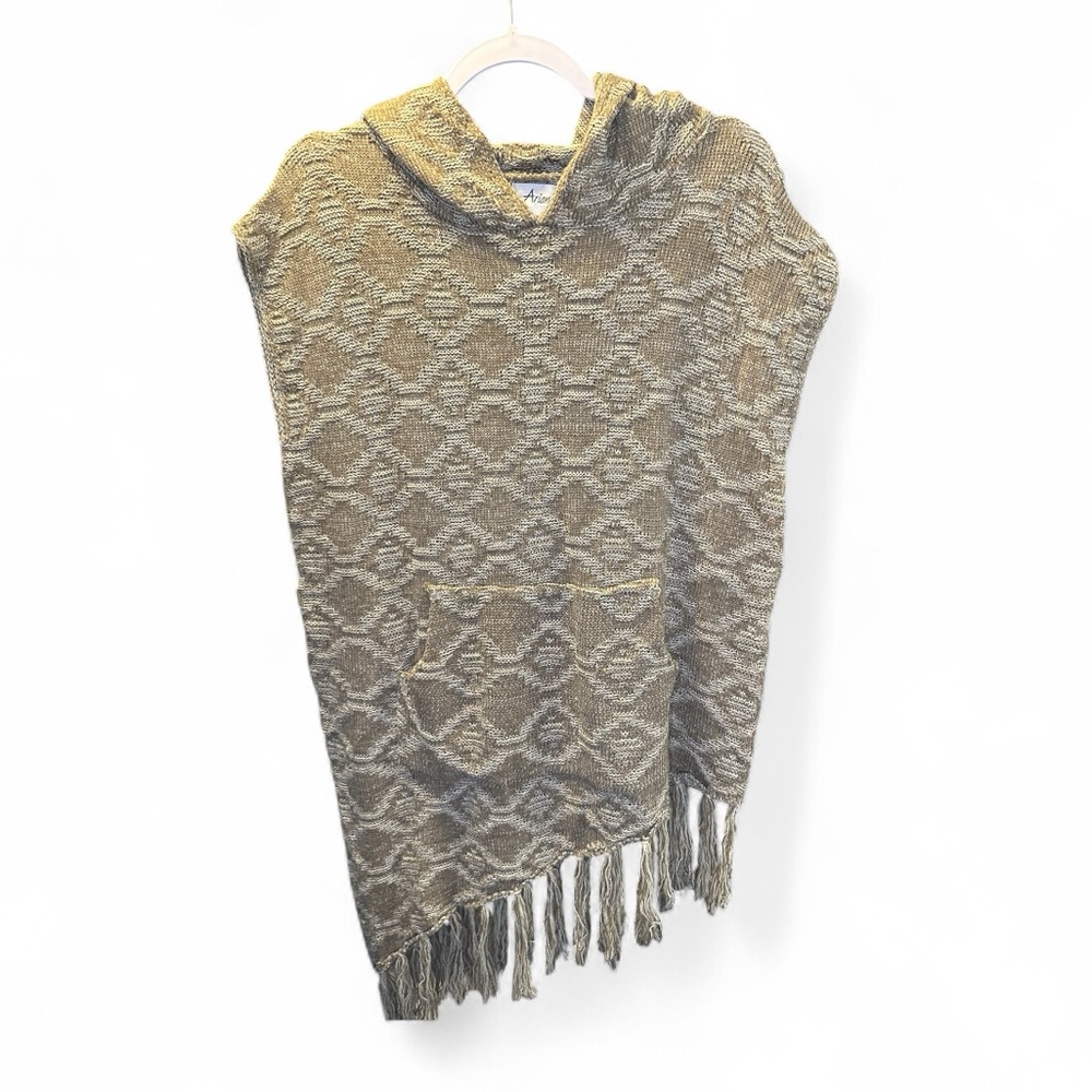 304. Arianna by Howard’s Hooded Knit Symmetrical Fringe Hem Poncho Boho